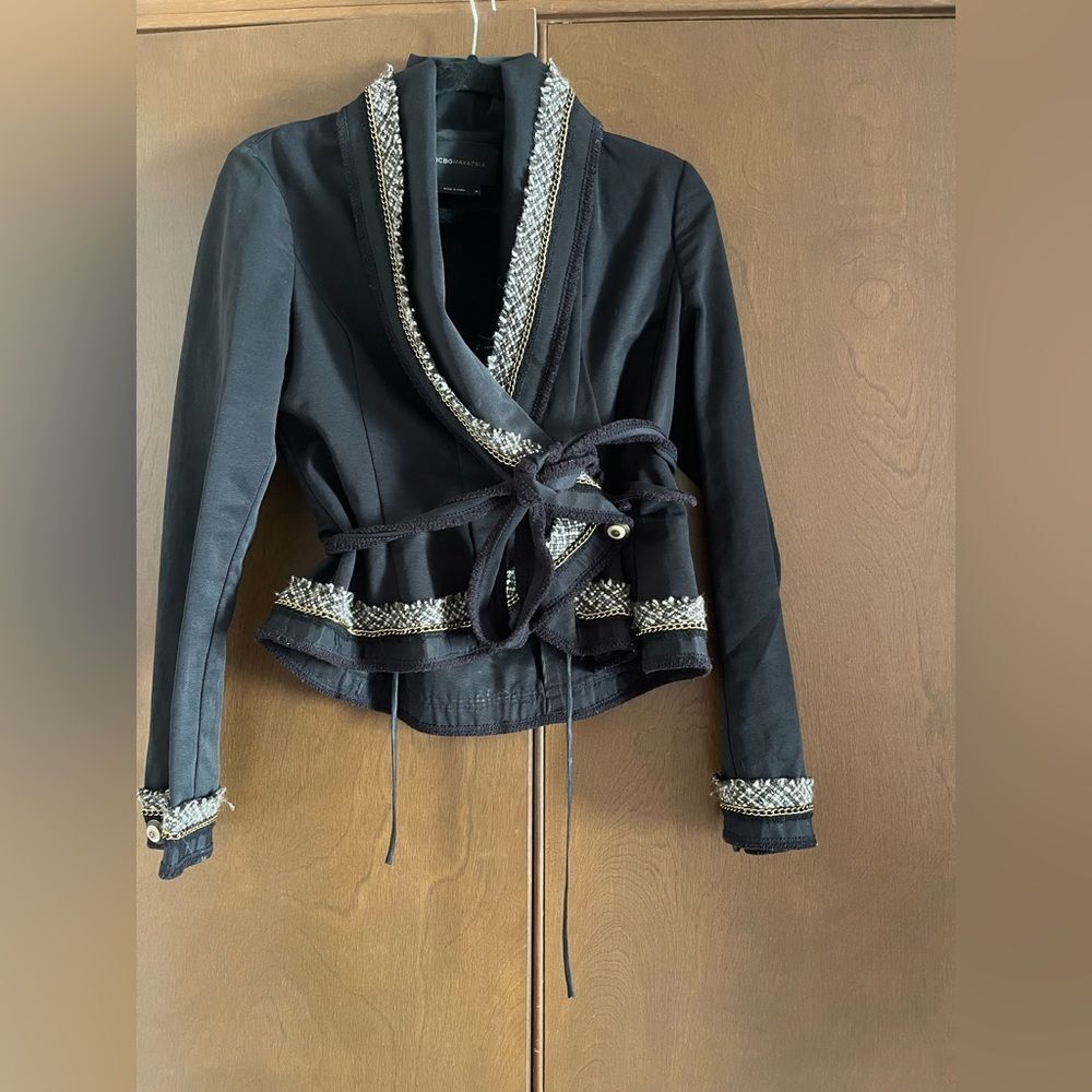 BCBGMaxAzria Black Blazer with Lace Trim and Cinched Waist